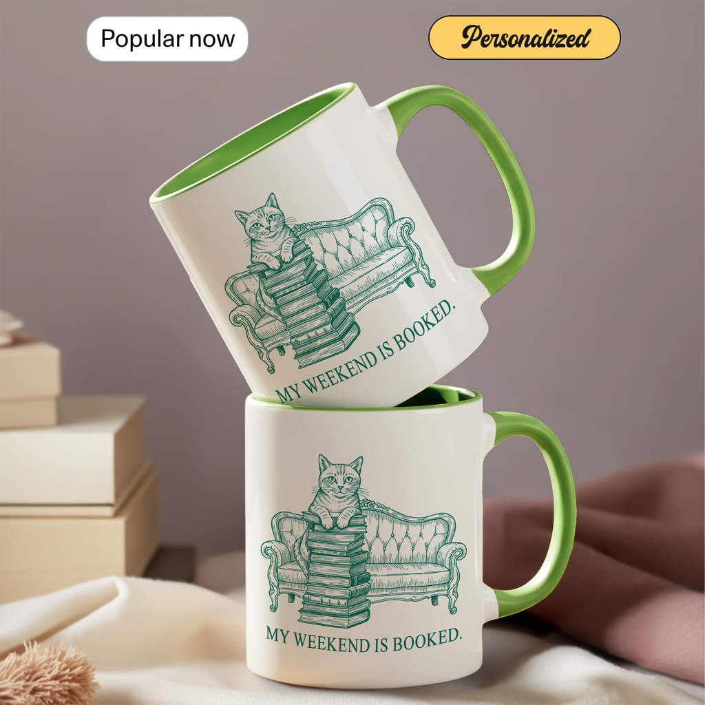 My Weekend Is Booked Mug – Cat Reading Coffee Cup – Book Lover Gift – Funny Introvert Mug – 11oz 15oz Ringer Mug |Mug 134