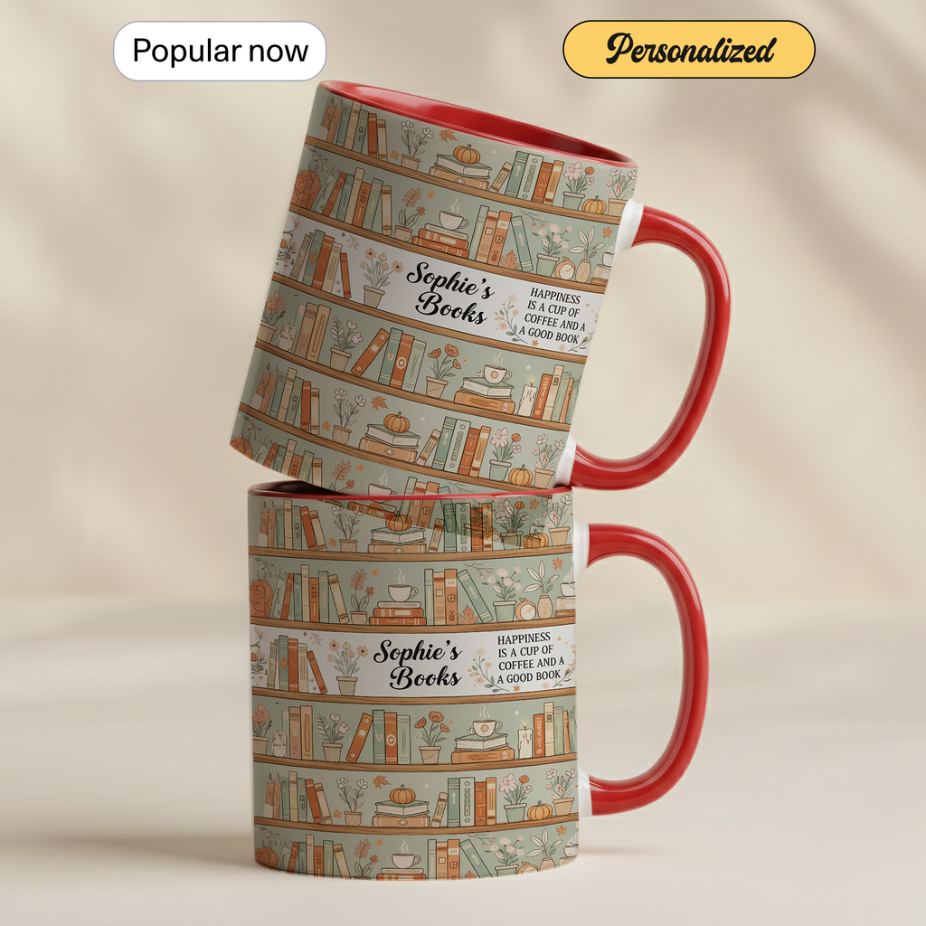 Personalized Book Lover Mug – Custom Name Bookshelf Coffee Cup – Happiness Is Coffee and a Good Book – 11oz 15oz Ringer Mug |Mug 123