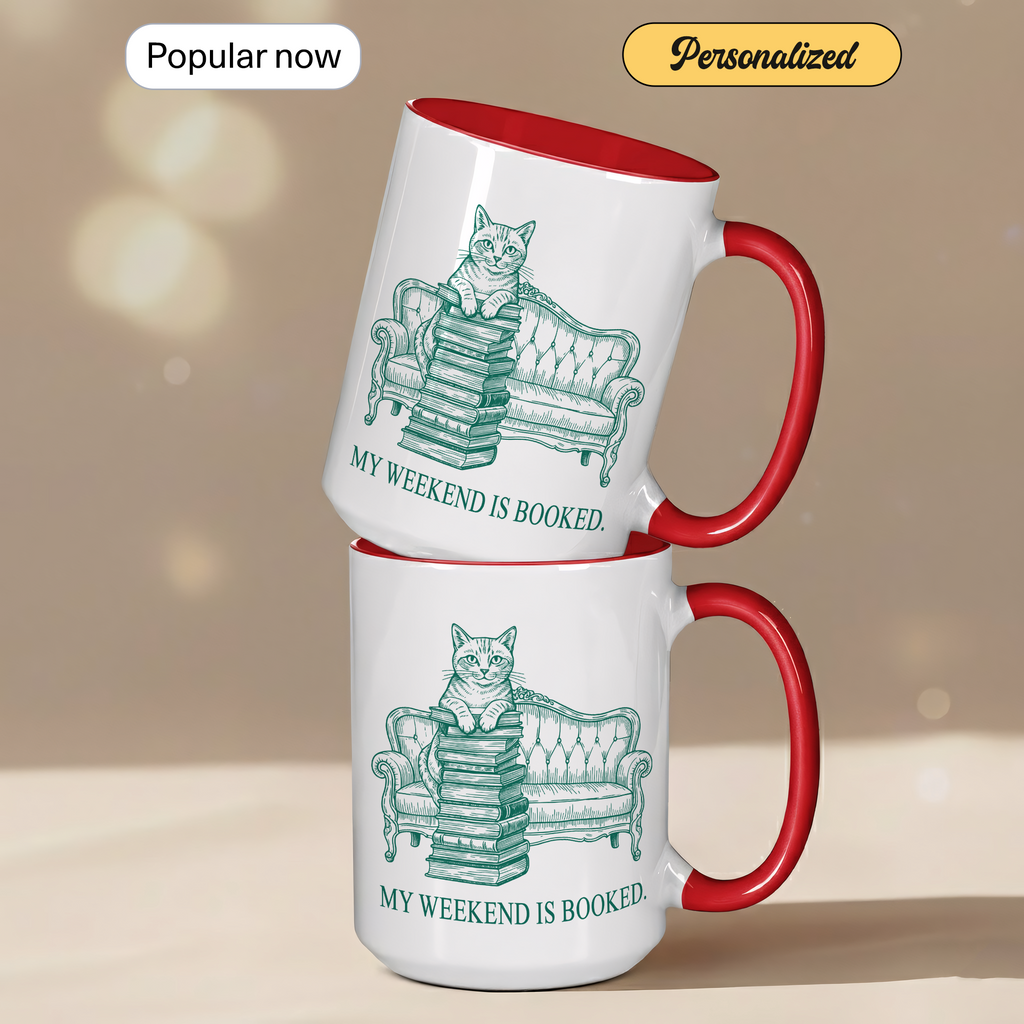 My Weekend Is Booked Mug – Cat Reading Coffee Cup – Book Lover Gift – Funny Introvert Mug – 11oz 15oz Ringer Mug |Mug 134