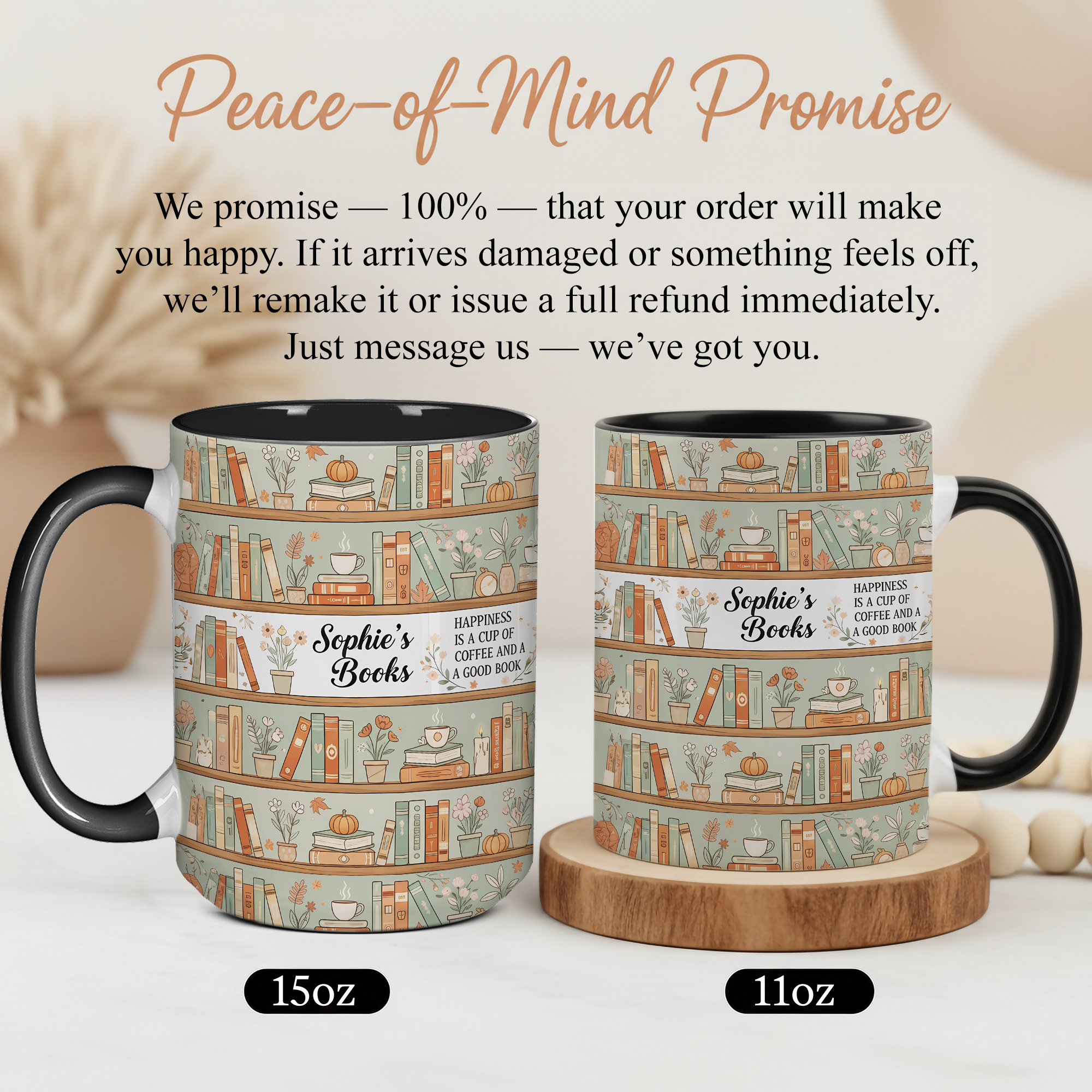 Personalized Book Lover Mug – Custom Name Bookshelf Coffee Cup – Happiness Is Coffee and a Good Book – 11oz 15oz Ringer Mug |Mug 123