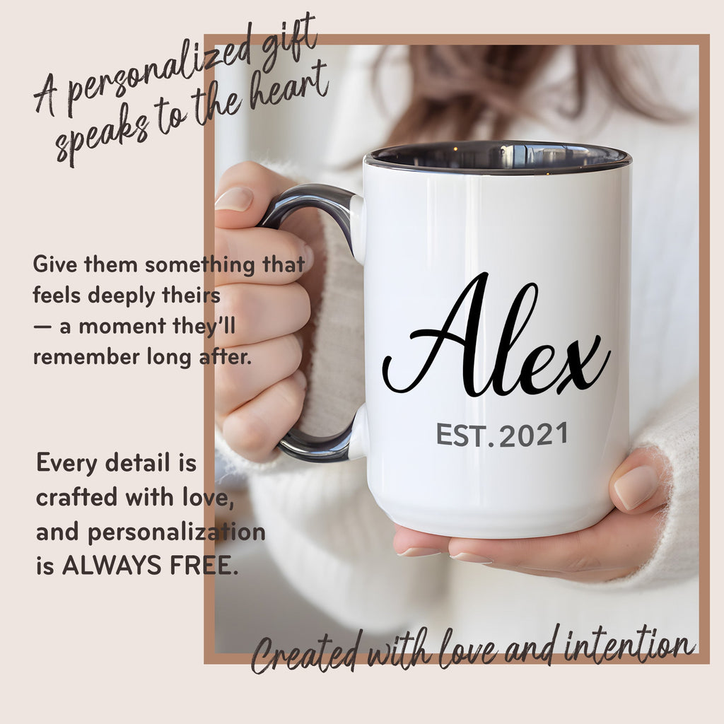 Personalized Name Mug – Custom Established Year Coffee Cup – Minimalist Custom Gift – 11oz 15oz Ringer Mug | Mug 148
