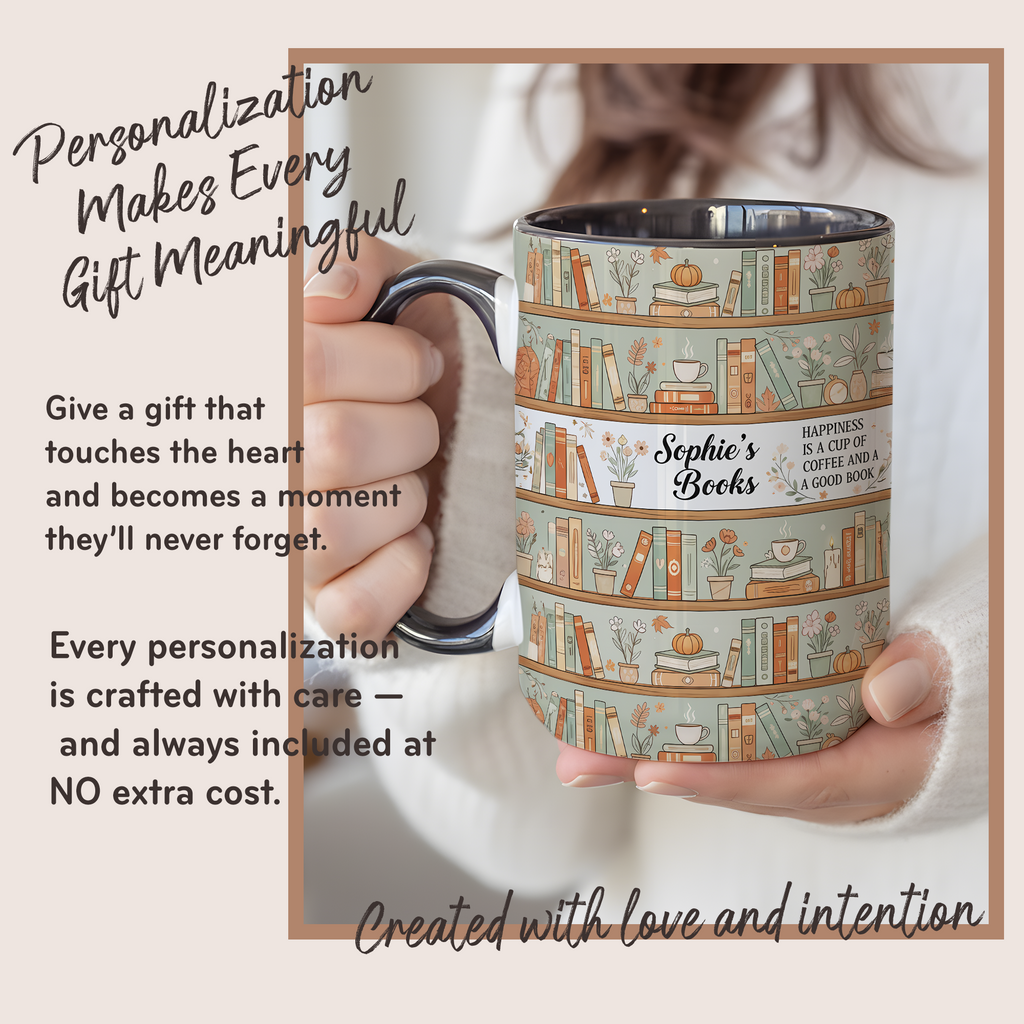 Personalized Book Lover Mug – Custom Name Bookshelf Coffee Cup – Happiness Is Coffee and a Good Book – 11oz 15oz Ringer Mug |Mug 123