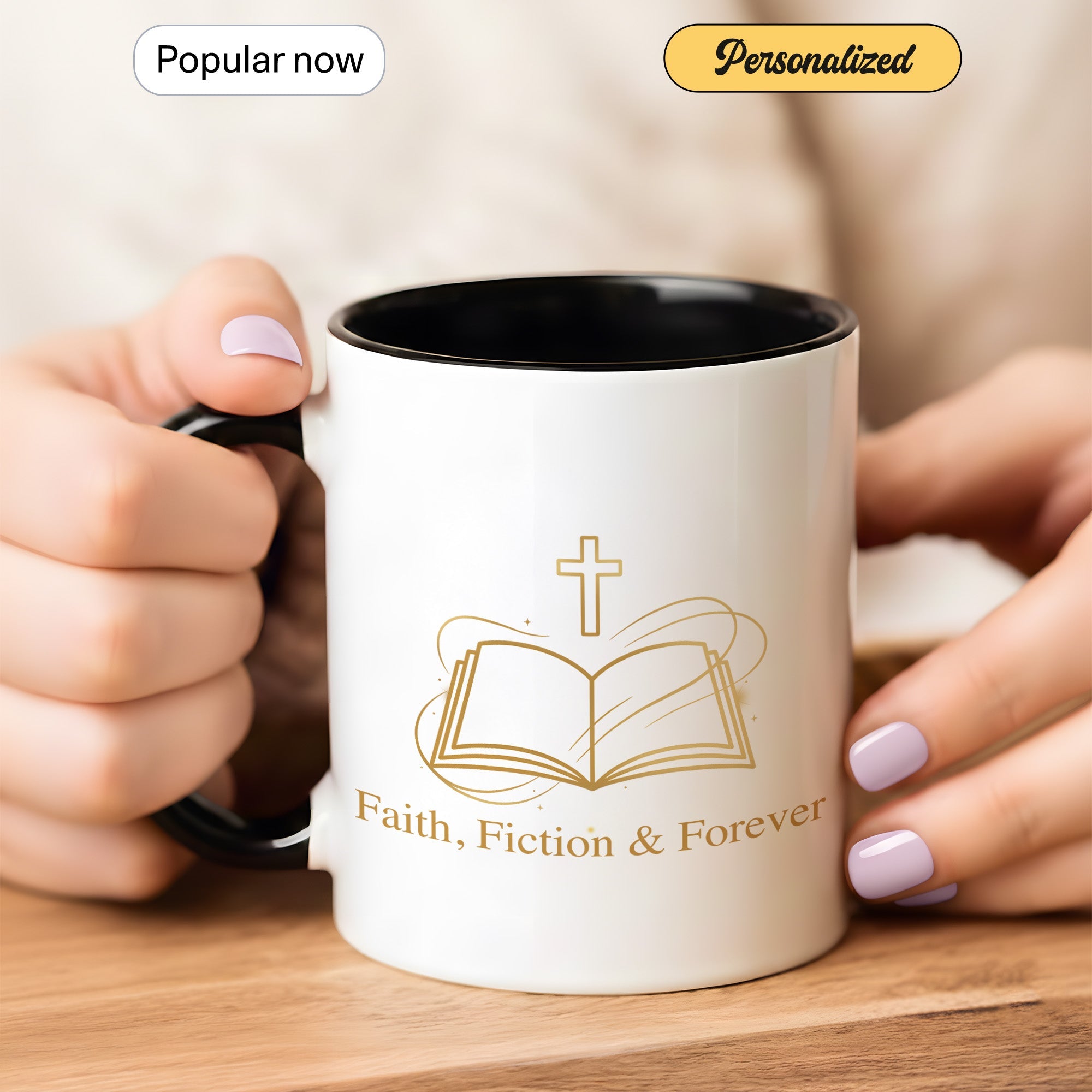 Faith Fiction & Forever Mug – Christian Book Lover Coffee Cup – Bible Reader Gift – 11oz 15oz Ringer Mug |Mug 153