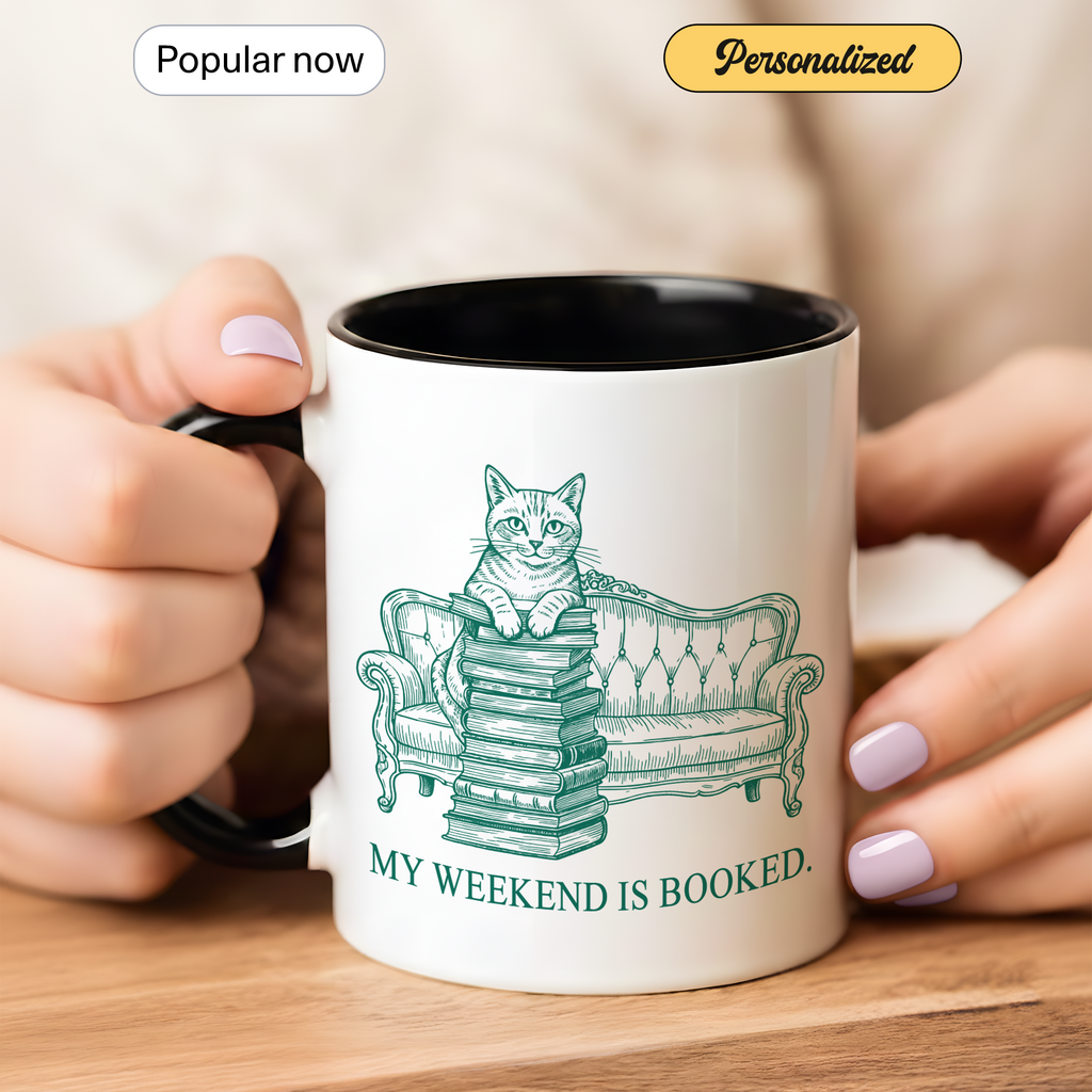 My Weekend Is Booked Mug – Cat Reading Coffee Cup – Book Lover Gift – Funny Introvert Mug – 11oz 15oz Ringer Mug |Mug 134
