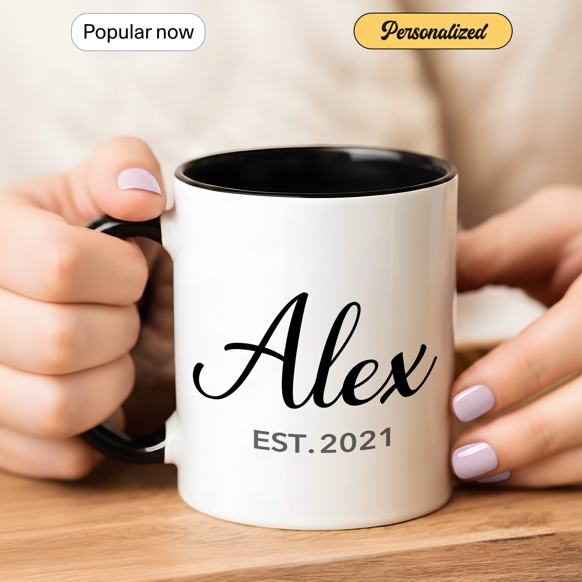 Personalized Name Mug – Custom Established Year Coffee Cup – Minimalist Custom Gift – 11oz 15oz Ringer Mug | Mug 148