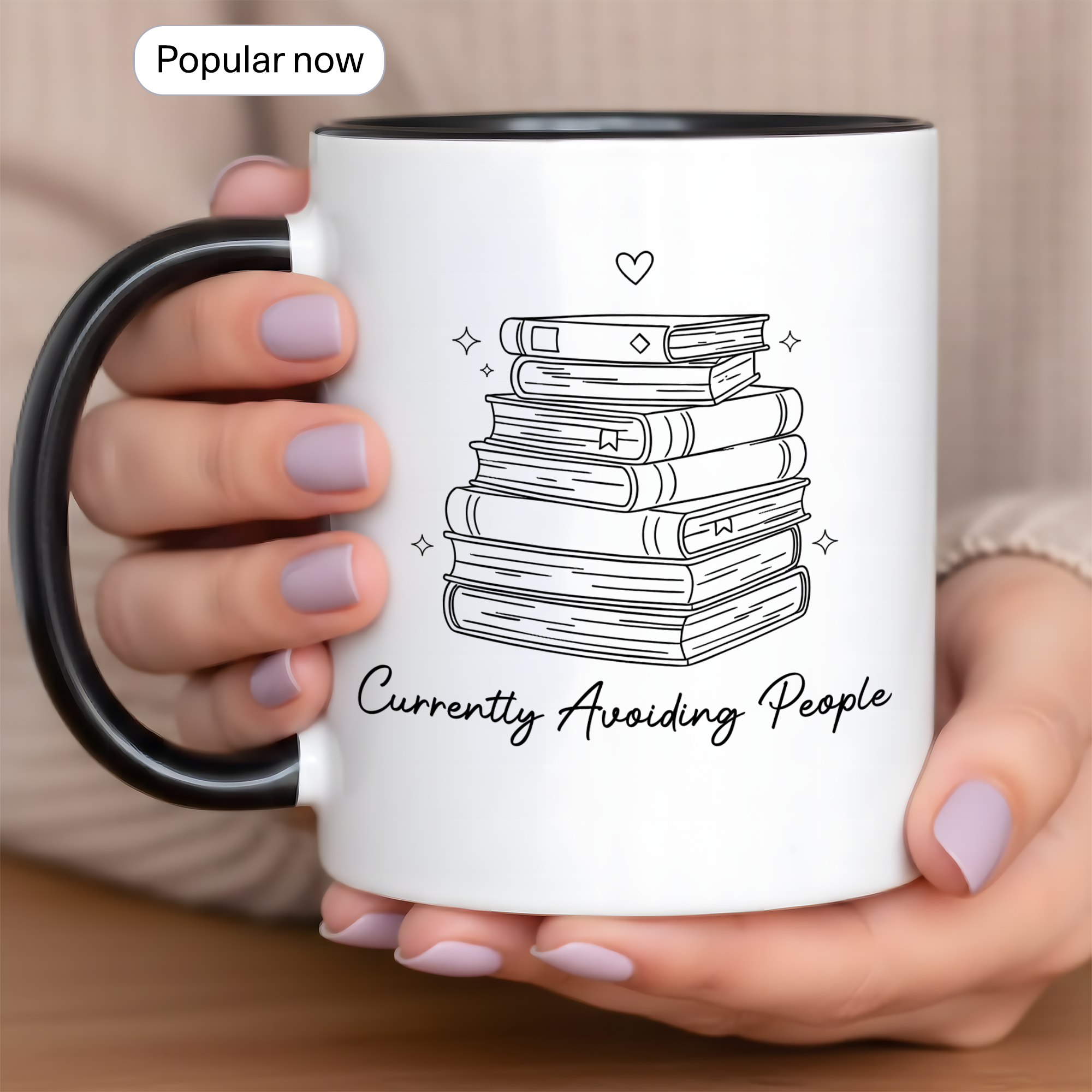 Cozy Reading Time Mug – Stack of Books Coffee Cup – Minimalist Book Lover Ringer Mug – Gift for Readers |Mug 98