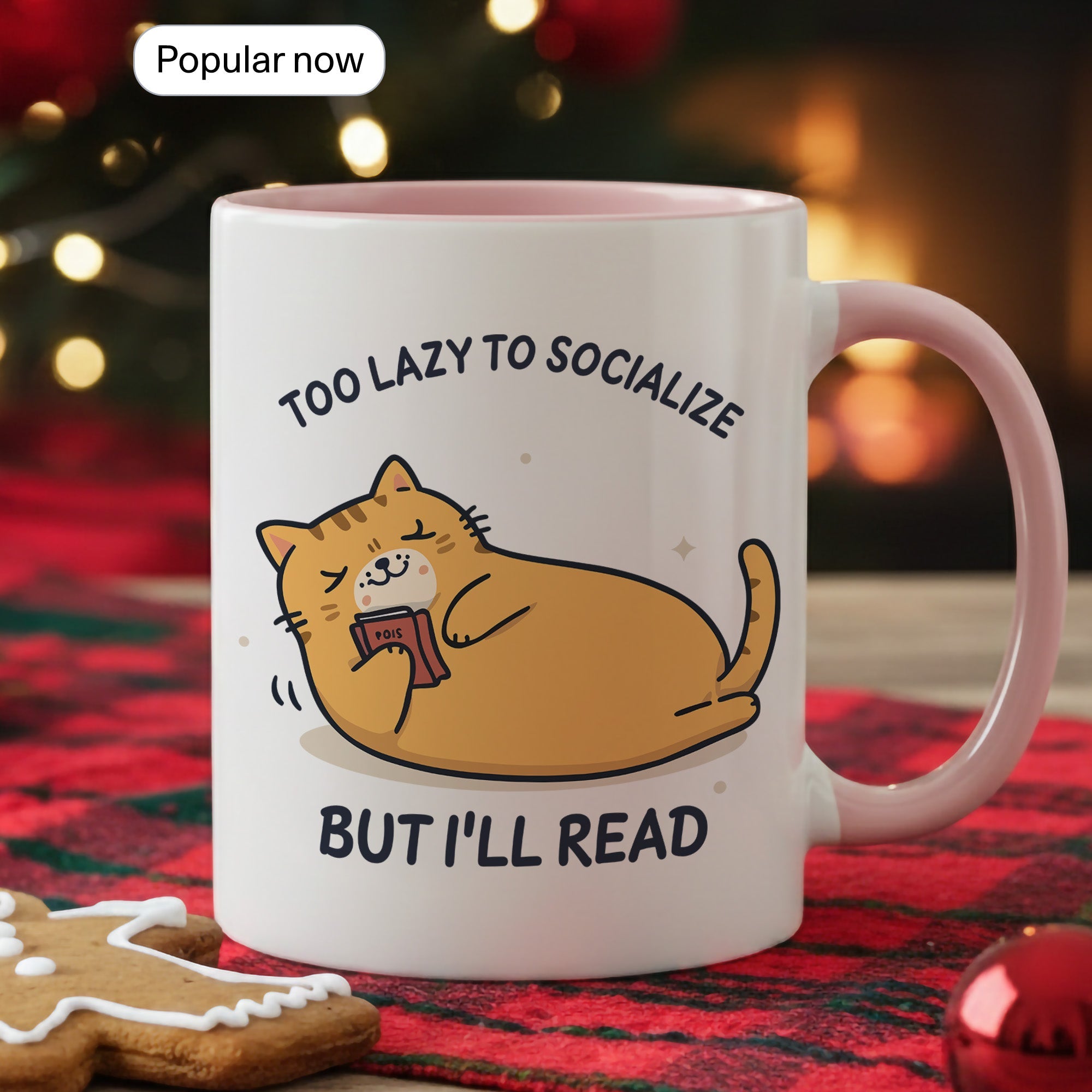 Too Lazy To Socialize But I’ll Read Mug – Funny Cat Lover Book Mug – Introvert Reader Coffee Cup – 11oz 15oz Ringer | Mug 130