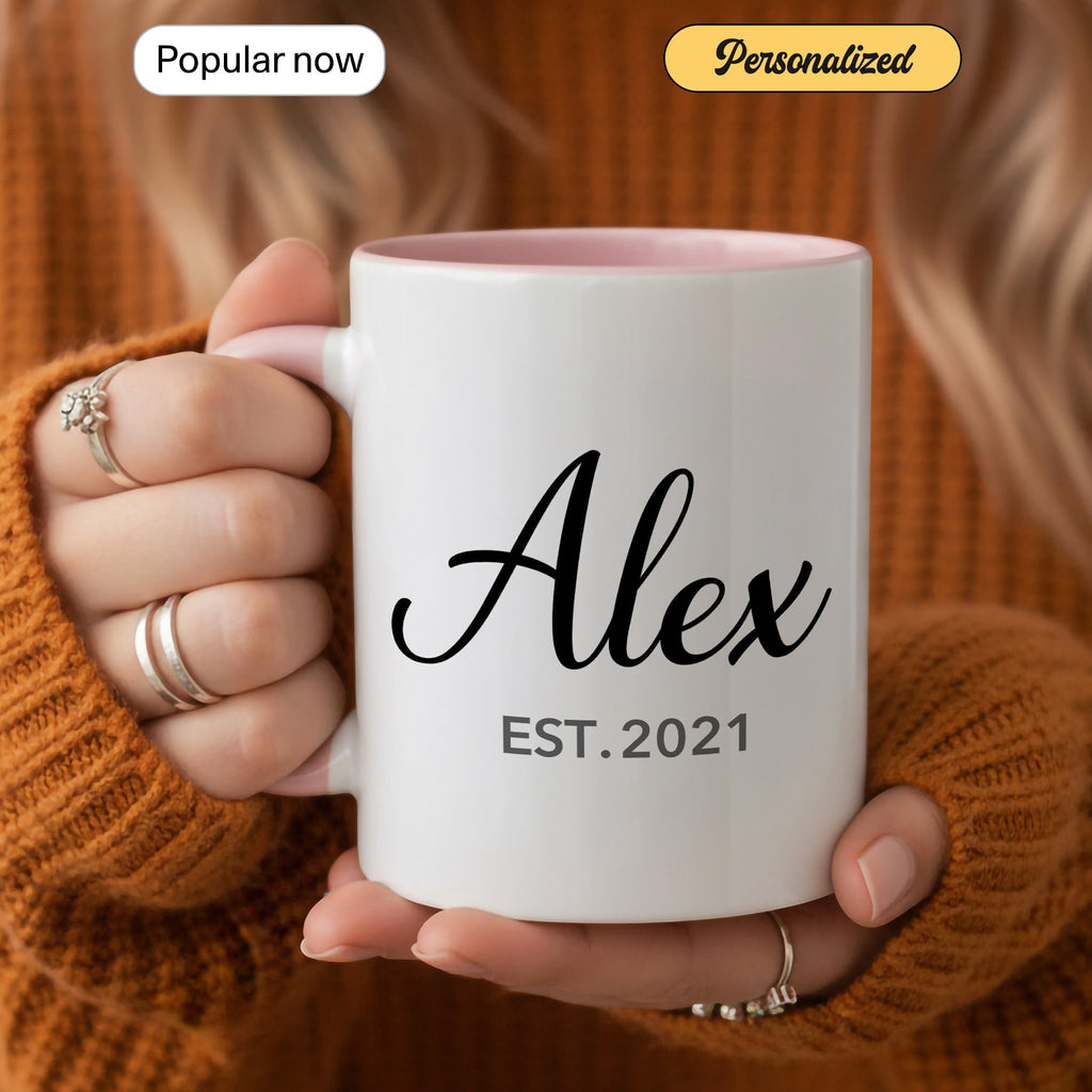 Personalized Name Mug – Custom Established Year Coffee Cup – Minimalist Custom Gift – 11oz 15oz Ringer Mug | Mug 148