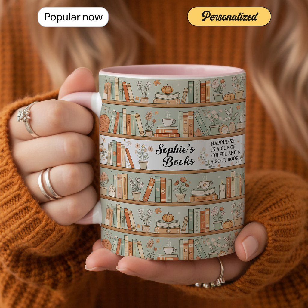 Personalized Book Lover Mug – Custom Name Bookshelf Coffee Cup – Happiness Is Coffee and a Good Book – 11oz 15oz Ringer Mug |Mug 123