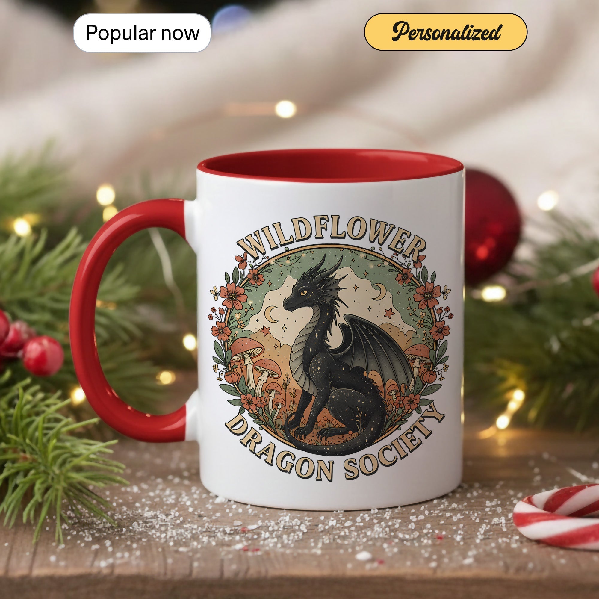 Wildflower Dragon Society Mug – Fantasy Dragon Lover Gift – Cottagecore Coffee Cup – Mythical Art Mug 11oz 15oz Ringer |Mug 131