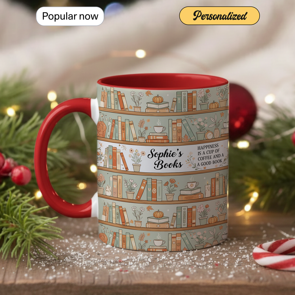 Personalized Book Lover Mug – Custom Name Bookshelf Coffee Cup – Happiness Is Coffee and a Good Book – 11oz 15oz Ringer Mug |Mug 123