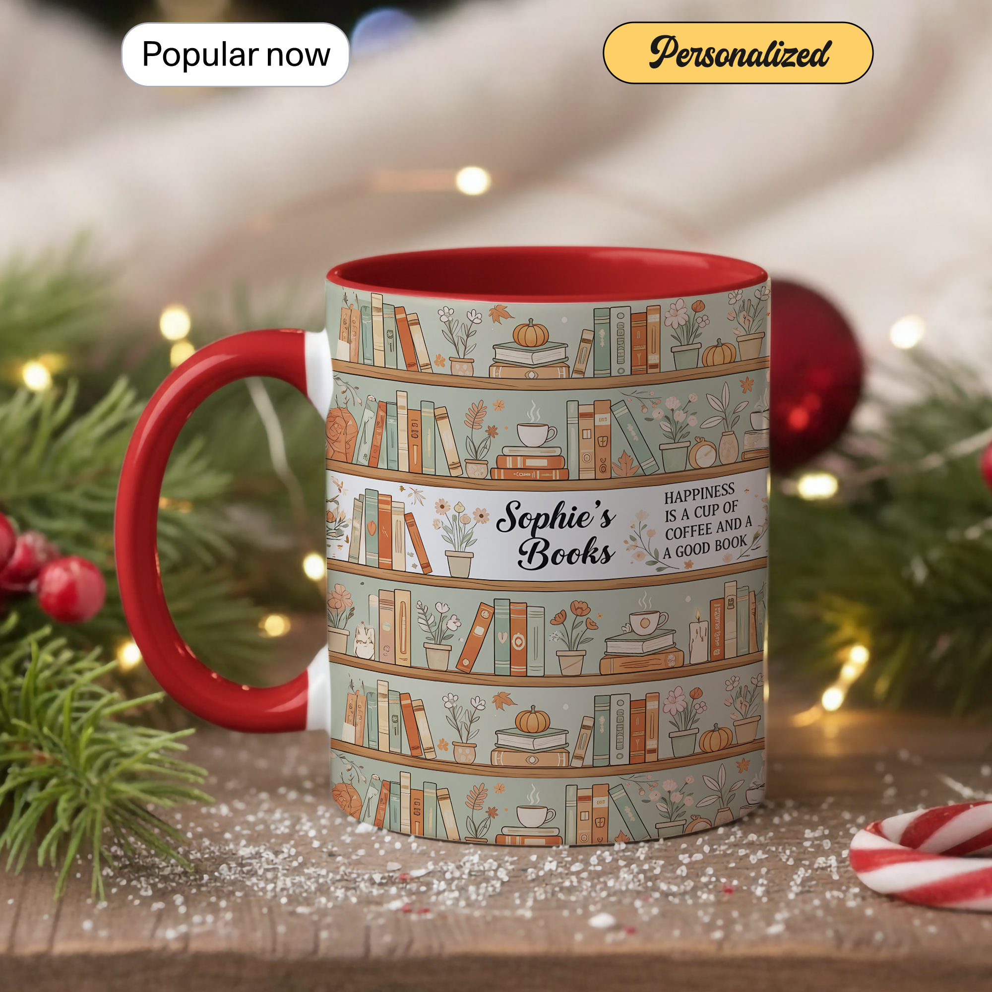 Personalized Book Lover Mug – Custom Name Bookshelf Coffee Cup – Happiness Is Coffee and a Good Book – 11oz 15oz Ringer Mug |Mug 123