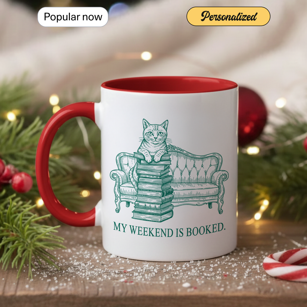 My Weekend Is Booked Mug – Cat Reading Coffee Cup – Book Lover Gift – Funny Introvert Mug – 11oz 15oz Ringer Mug |Mug 134