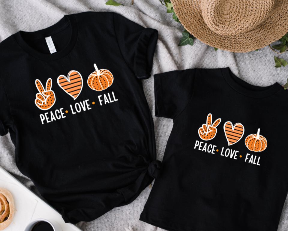 Peace Love Fall t-shirt, mommy and me matching shirts, mama + mini, gift idea for mom and son, shirts for daughter, family tshirts