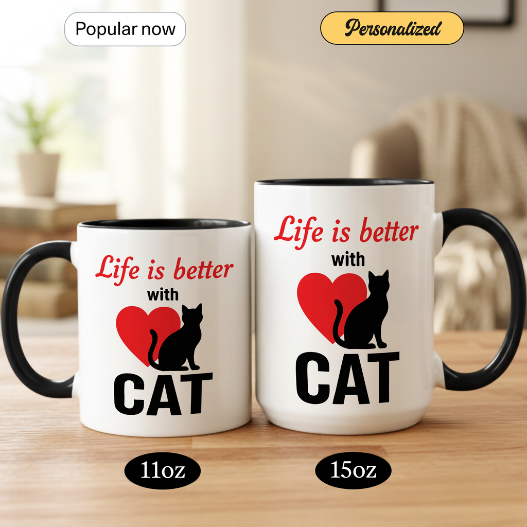 Life Is Better With Cats Mug – Cat Lover Coffee Cup – Cute Cat Mom Gift – 11oz 15oz Ringer Mug | Mug 129