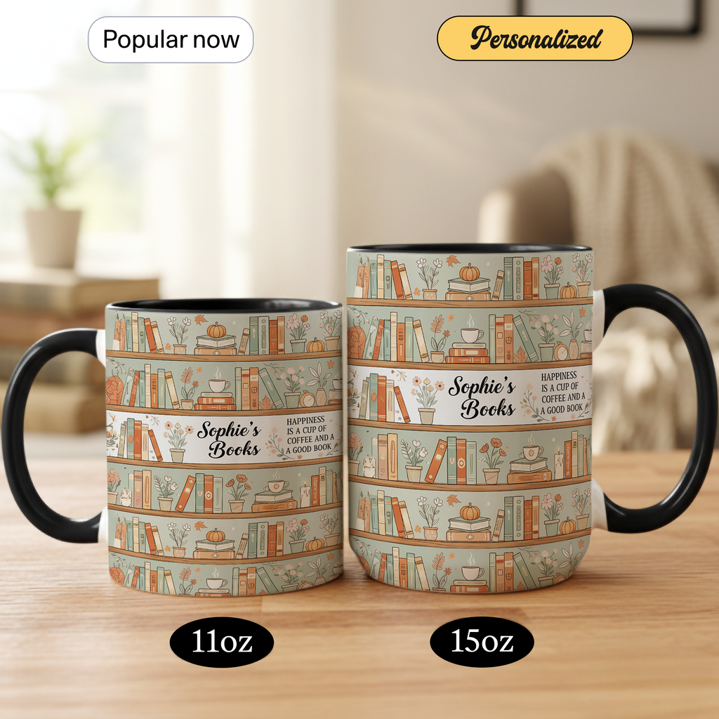 Personalized Book Lover Mug – Custom Name Bookshelf Coffee Cup – Happiness Is Coffee and a Good Book – 11oz 15oz Ringer Mug |Mug 123