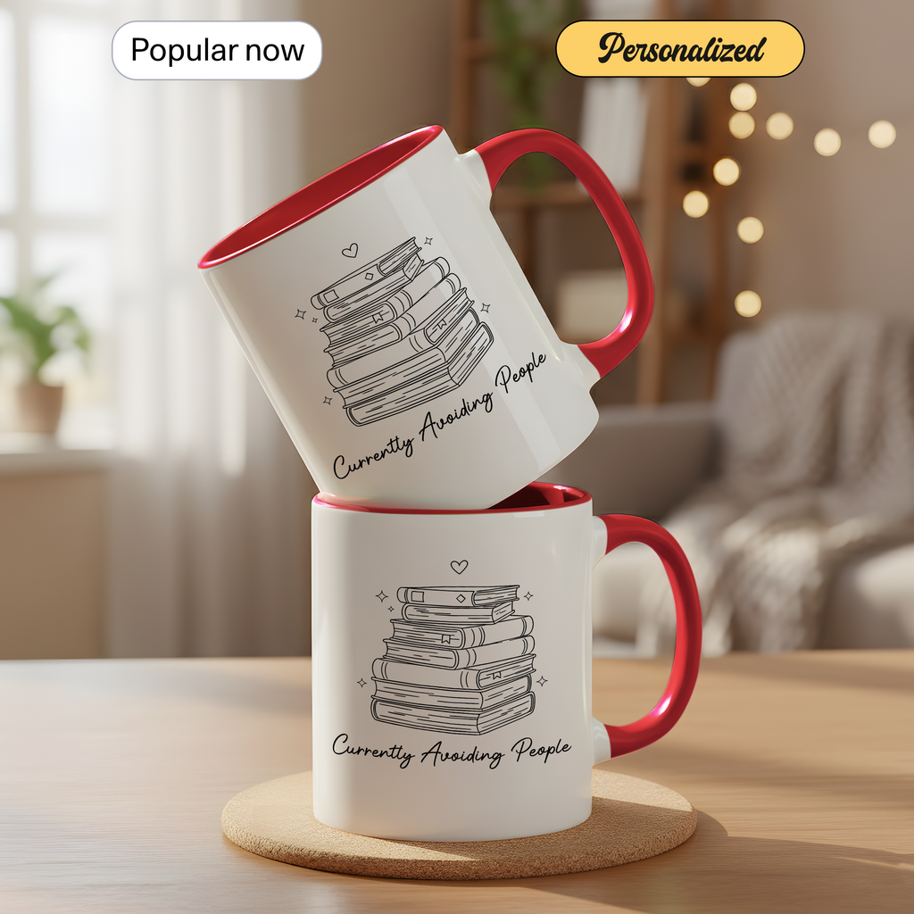 Cozy Reading Time Mug – Stack of Books Coffee Cup – Minimalist Book Lover Ringer Mug – Gift for Readers |Mug 98