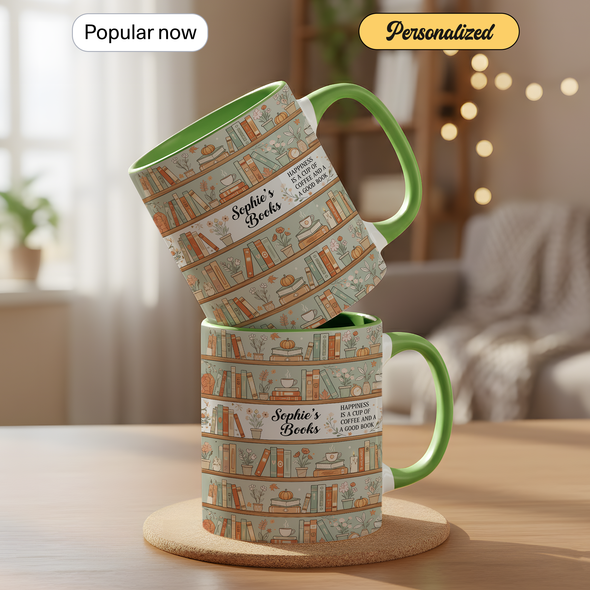 Personalized Book Lover Mug – Custom Name Bookshelf Coffee Cup – Happiness Is Coffee and a Good Book – 11oz 15oz Ringer Mug |Mug 123