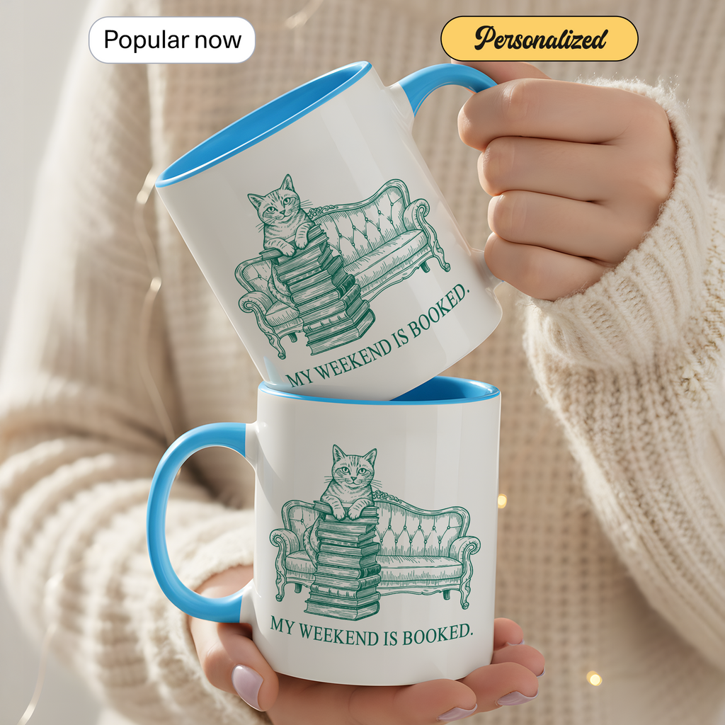 My Weekend Is Booked Mug – Cat Reading Coffee Cup – Book Lover Gift – Funny Introvert Mug – 11oz 15oz Ringer Mug |Mug 134