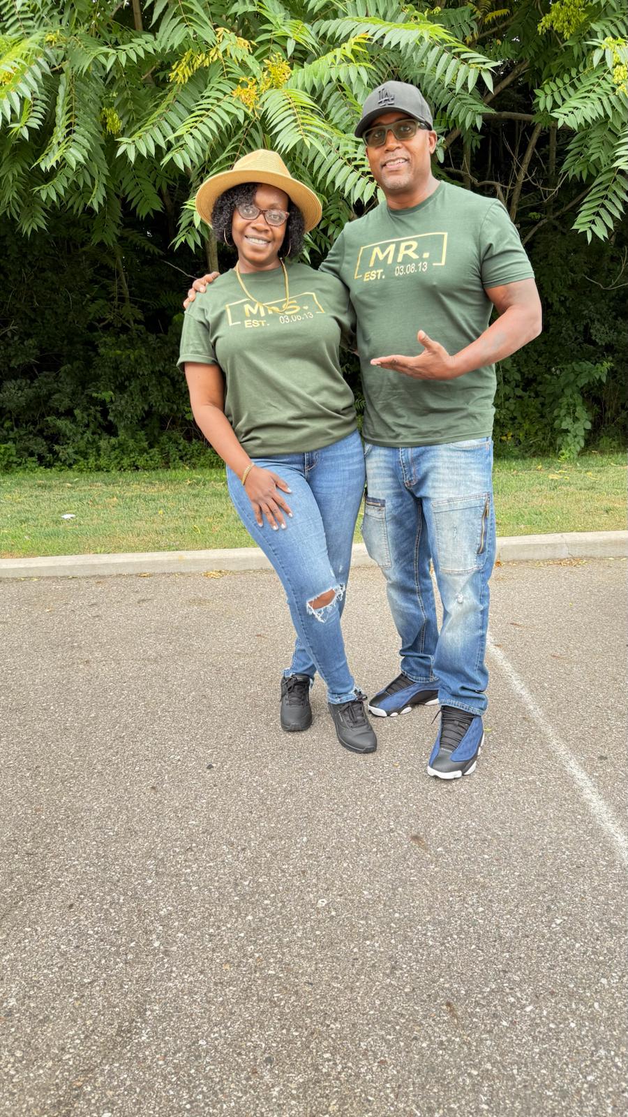 Mr. & Mrs EST Personalized gold print on T-shirt.