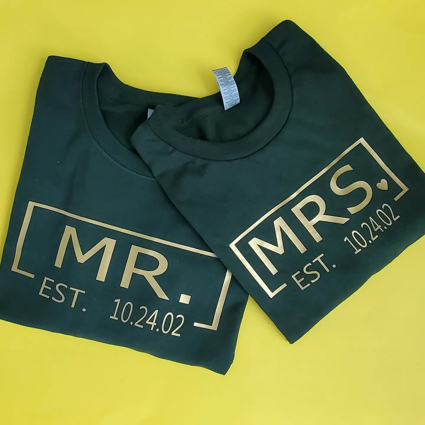Mr. & Mrs EST Personalized gold print on T-shirt.