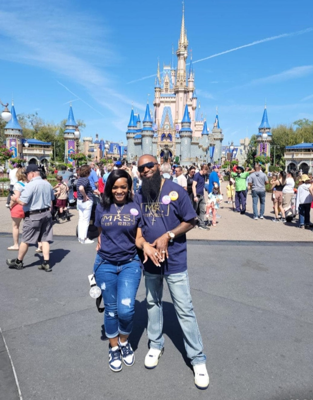 Mr. & Mrs EST Personalized gold print on T-shirt.